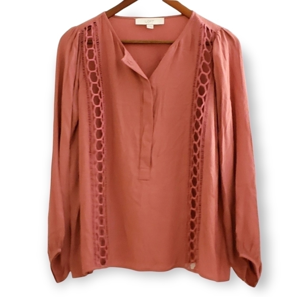 LOFT Mauve pink top embroidered open panel cut outs Size XS